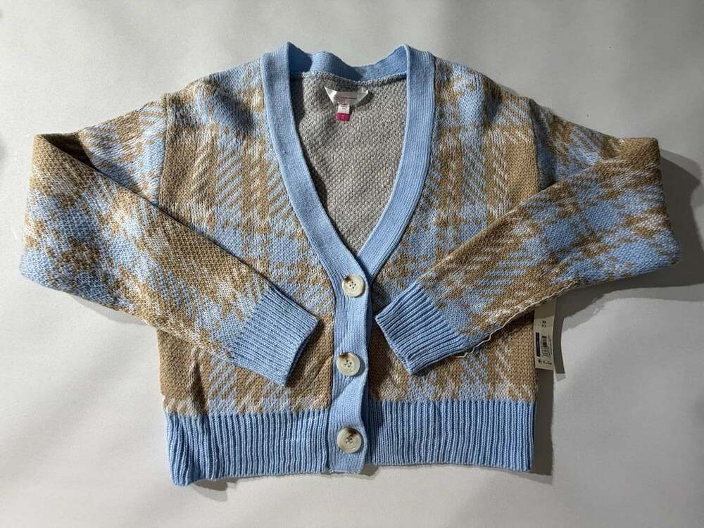 No Boundaries XS Blue Tan Houndstooth Cardigan Cropped Plaid Knit Y2K Cozy
